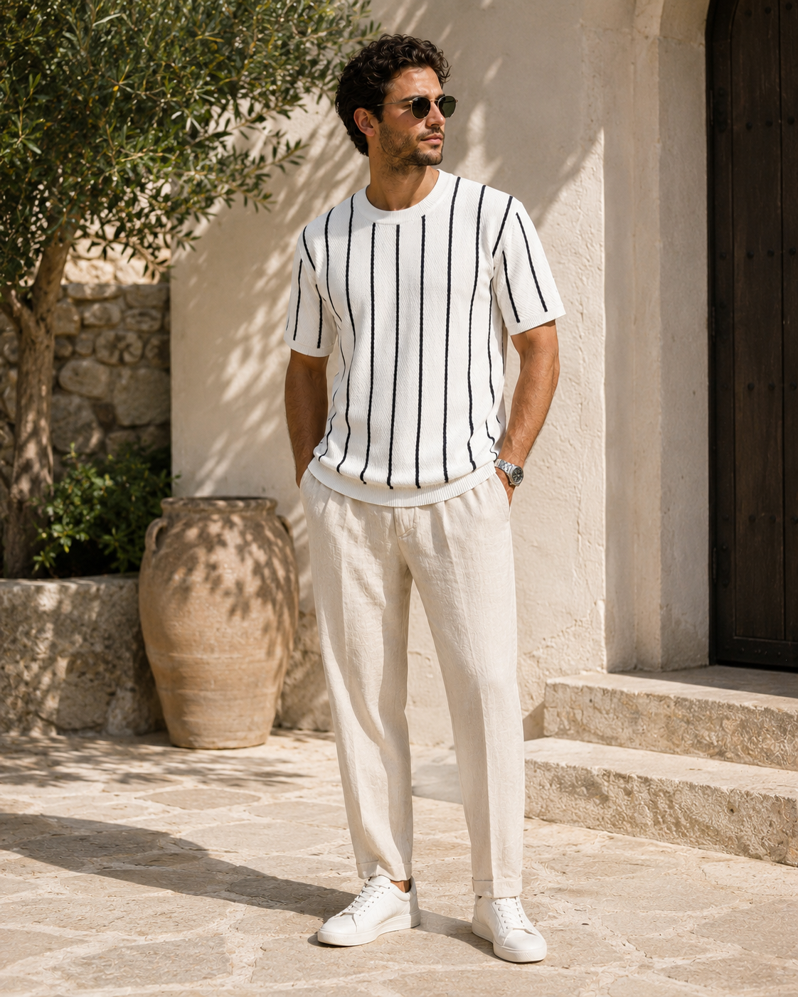 Striped Knit Tee - White