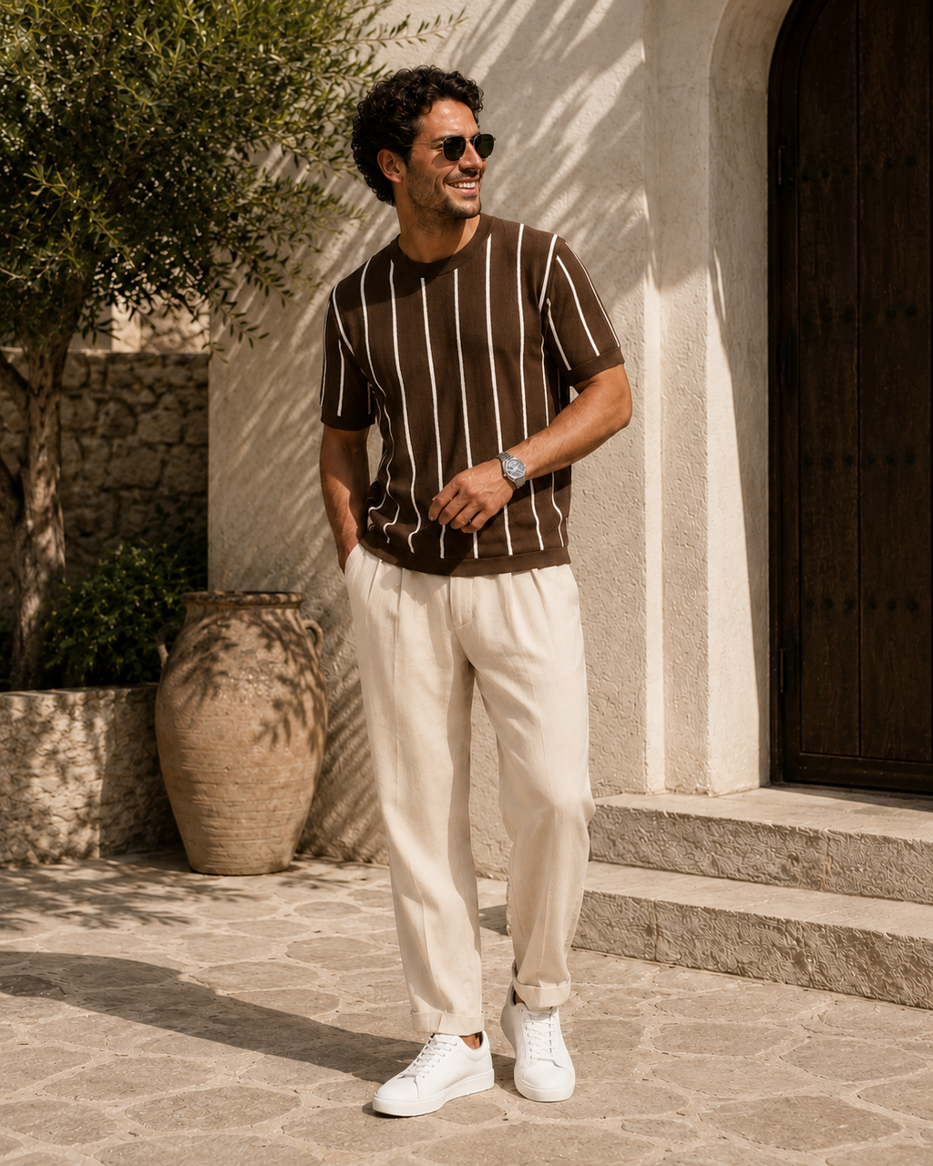 Striped Knit Tee - Brown